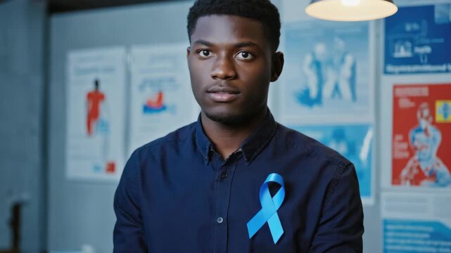 A young man wearing a blue prostate cancer awareness ribbon, smiling and looking directly at the camera.