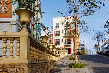 Fototapeta premium Mediterranean style buildings and street in Phu Quoc Vietnam