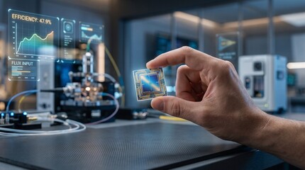 Fototapeta premium Engineer holding advanced quantum processor chip in high-tech laboratory