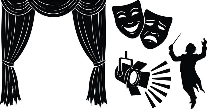 Theater and stage performance vector silhouette elements set with curtains comedy tragedy masks spotlight and conductor figure