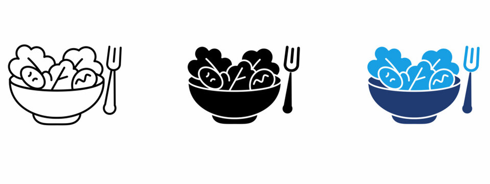 Fresh salad bowl icon set with fork. Symbol of healthy food, organic vegetable bowl, diet meal, vegan nutrition, green eating, restaurant menu, and lifestyle wellness.