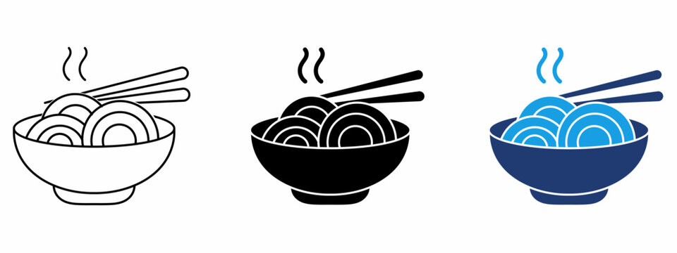 Ramen noodle bowl icon set with chopsticks and steam. Symbol of Japanese cuisine, hot soup, Asian food menu, restaurant dining, fast food, and meal preparation.