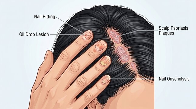 Scalp psoriasis plaques and nail pitting medical illustration, oil drop lesion and onycholysis symptoms, dermatology diagram