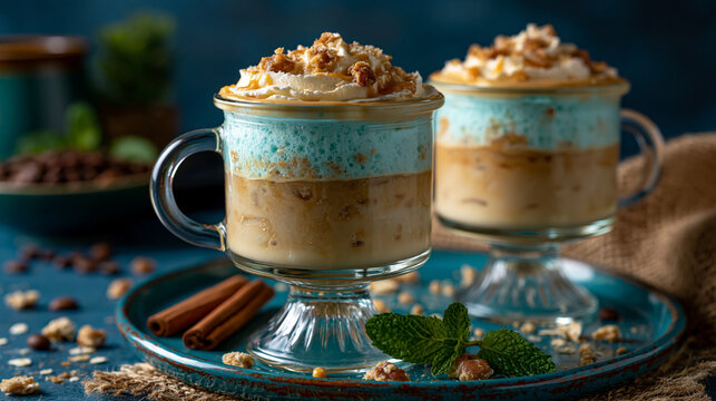 Layered coffee dessert drink in glass mugs with whipped cream sweet drink layered bever