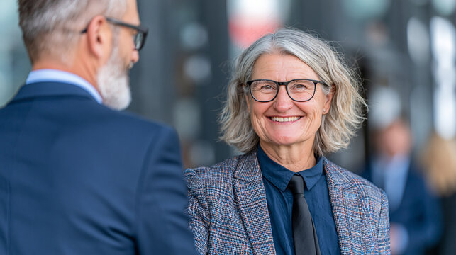 Smiling senior businesswoman shaking hands with colleague in modern office