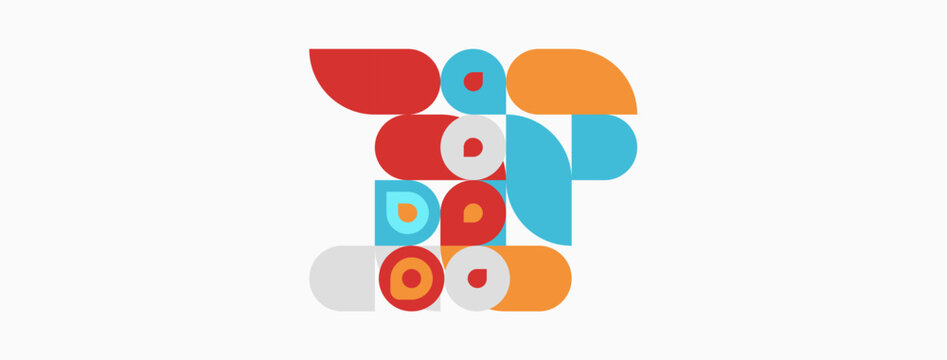 Abstract colorful shapes form playful composition. Circles, semicircles, rectangles create dynamic visual interest. Modern design.