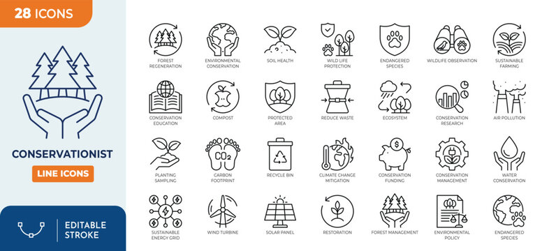 Conservationist line editable icon set. Vector illustration	
