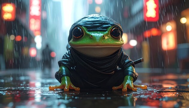 Ninja frog sitting on wet city street during rain.