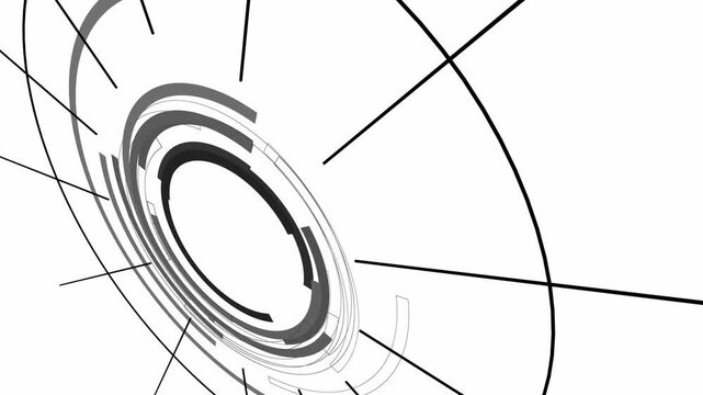 Abstract HUD rings rotate smoothly across a clean white background in a sleek 3D animation tailored for electronic music sets and techno vj projections