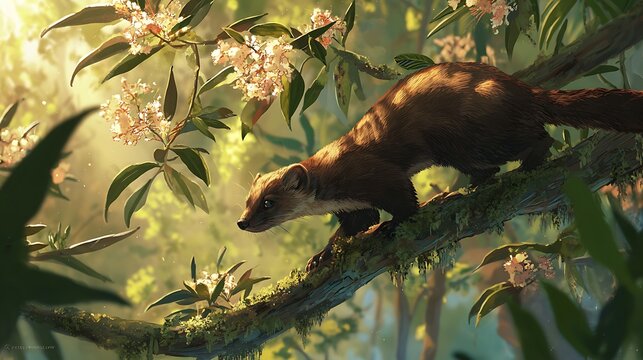 A marten or sable animal walking on a tree branch in a lush forest surrounded by soft sunlight and blooming flowers representing wildlife and nature