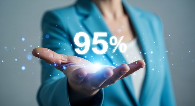 Businesswoman holding a glowing 95 percent sign representing growth and success