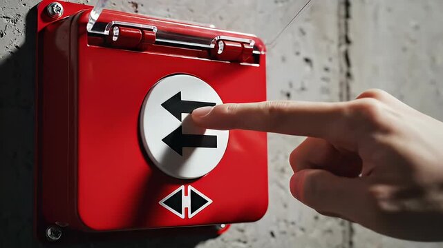 Close-up of a hand opening a protective transparent cover on a red stop button with arrows