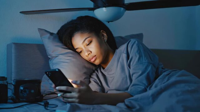 A young woman in a bed with a cell phone in her hand