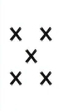 Five hand drawn black crosses arranged in an isolated quincunx pattern on clean white background