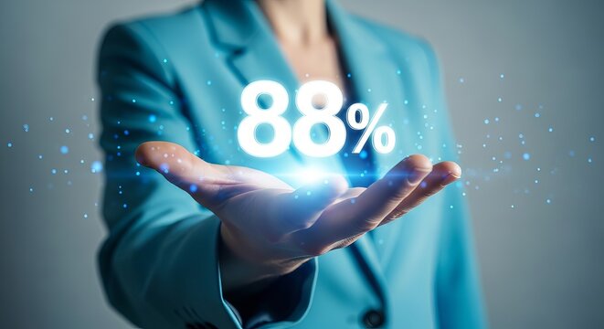 Businesswoman holding glowing 88 percent sign for financial growth and data analysis