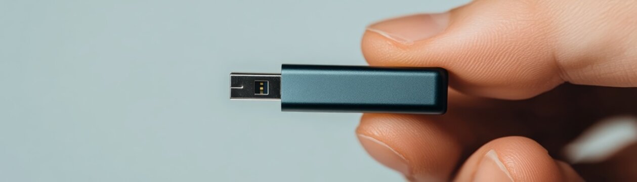 Hand holding compact metallic portable storage device for data transfer and digital information backup solutions