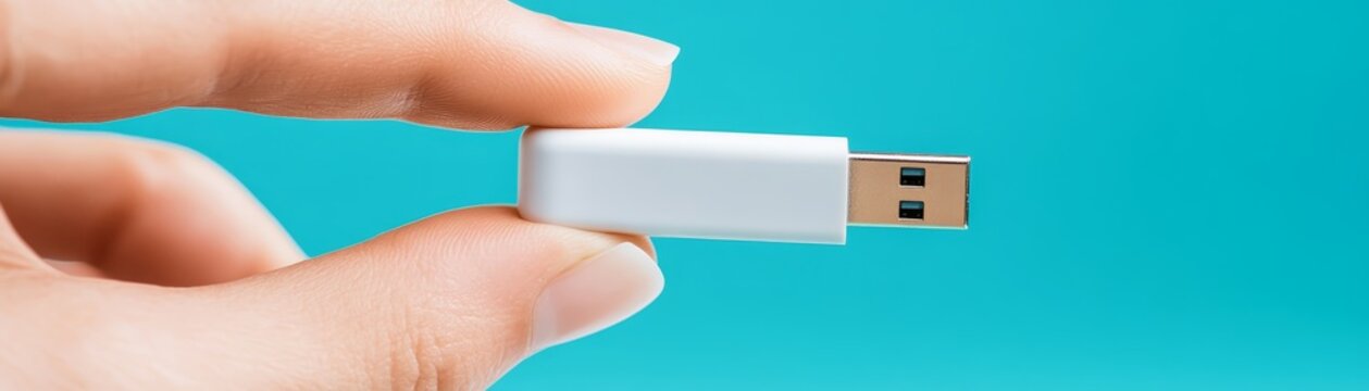 Close up of human hand holding small white portable usb flash drive device hand holding white usb storage drive isolated on solid cyan blue background