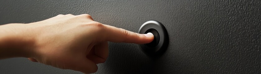 Fototapeta premium Close up of human finger pressing circular black doorbell button on textured dark grey wall surface for building entry