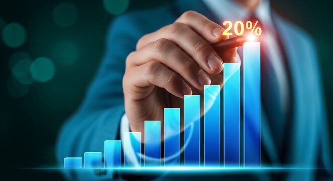 Businessman drawing a rising 20 percent growth bar chart for financial success analysis