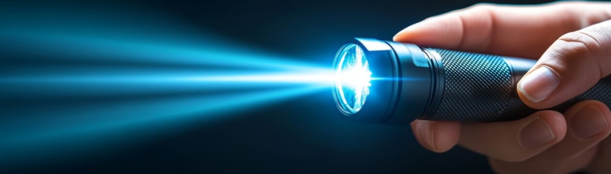 Human hand holding black flashlight emitting bright blue beam of light on dark background for visibility and exploration concepts