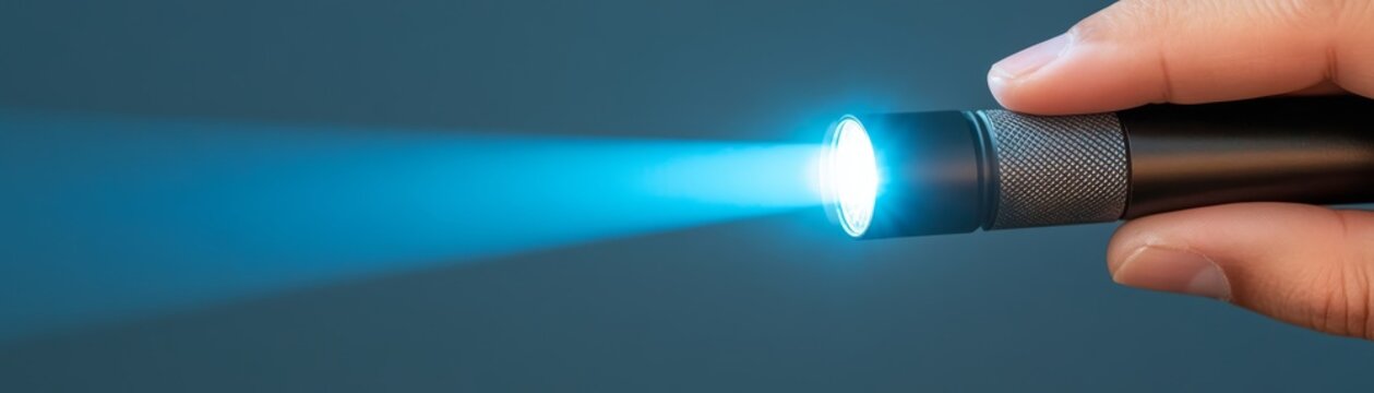 Close up human hand holding modern metallic flashlight with bright blue light beam glowing in dark background