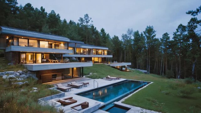 Contemporary architecture nestled in forested landscape.