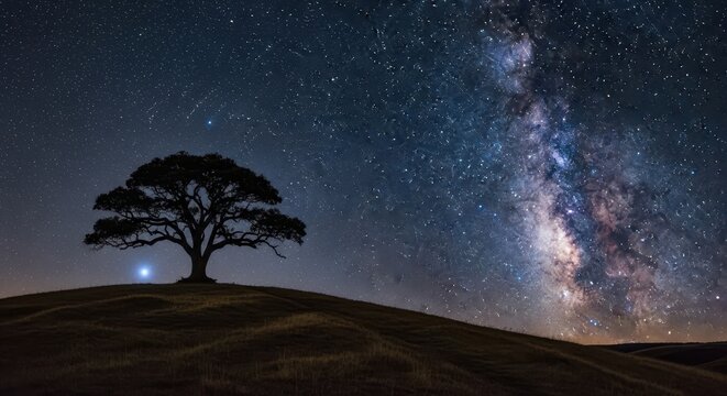 Night landscape tree under starry milky way 