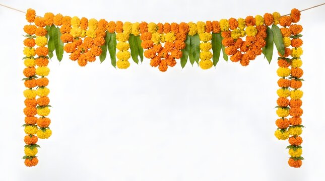 Traditional indian marigold flower garland with green mango leaves, isolated on white background, used for festive decorations and celebrations