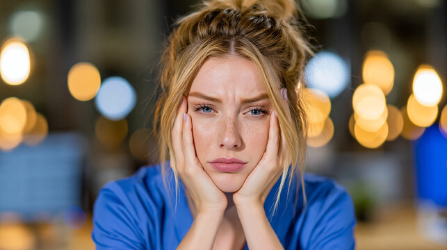 Stressed young woman sitting with head in hands looking tired and exhausted