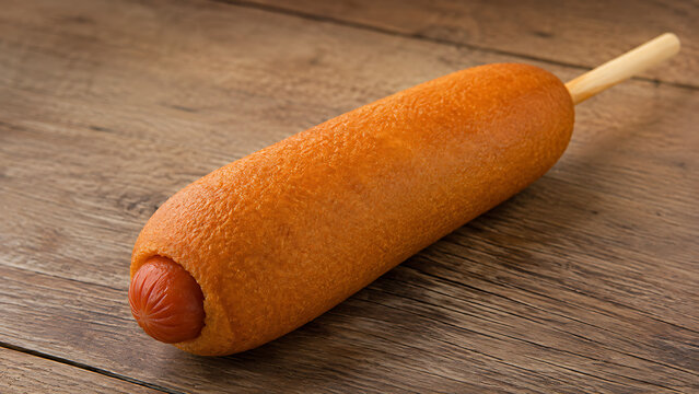 Golden Brown Deep Fried Corn Dog on Wooden Background