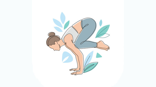 Woman performing crow pose yoga exercise in a stylized vector line art illustration.