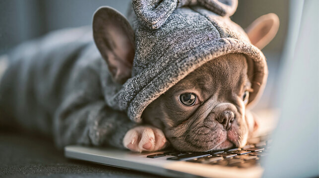 Cute french bulldog puppy wearing a gray hoodie lying on a laptop keyboard