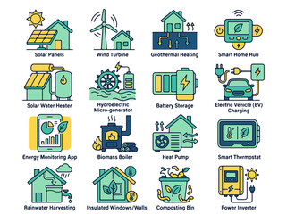 Fototapeta premium Eco friendly Home and Energy Solutions Vector Icons Set
