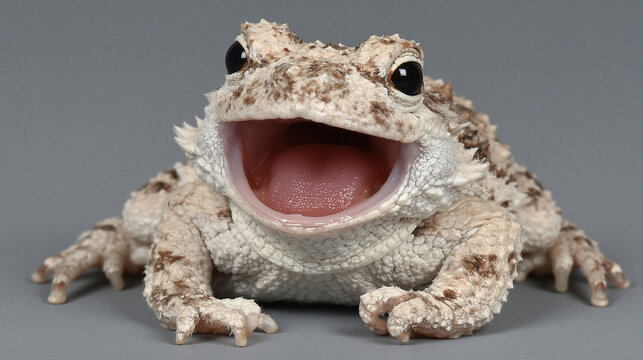 Close-up of a textured toad with wide open mouth against gray background