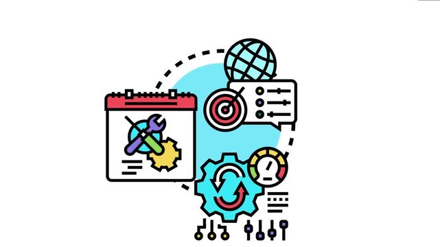 Business strategy optimizing process involves setting global goals, planning development, implementing solutions, and continuously improving performance for corporate growth and efficiency
