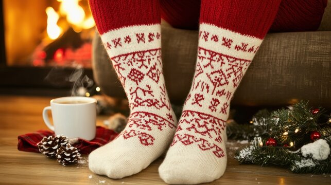 Cozy Christmas Scene with Person in Patterned Wool Socks by Fireplace