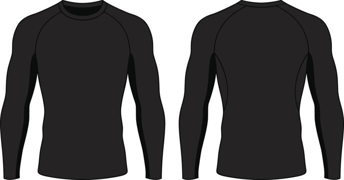 Black long sleeve raglan compression shirt vector mockup template showing front and back views for apparel design