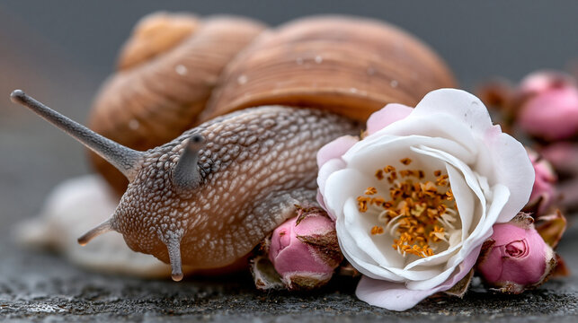 Large brown garden snail crawling next to white flowers and pink buds