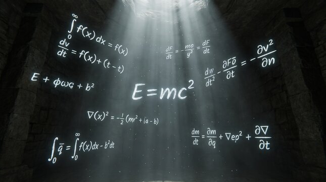 Beams of light reveal intricate scientific equations and profound physics formulas, including E=mc&sup2;, on a dark, textured surface, embodying enlightenment and the pursuit of knowledge
