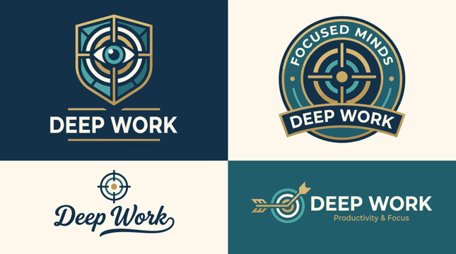 A collection of sleek, modern logos featuring 'Deep Work,' aimed at promoting focused productivity and mental clarity, ideal for personal development and work enhancement.