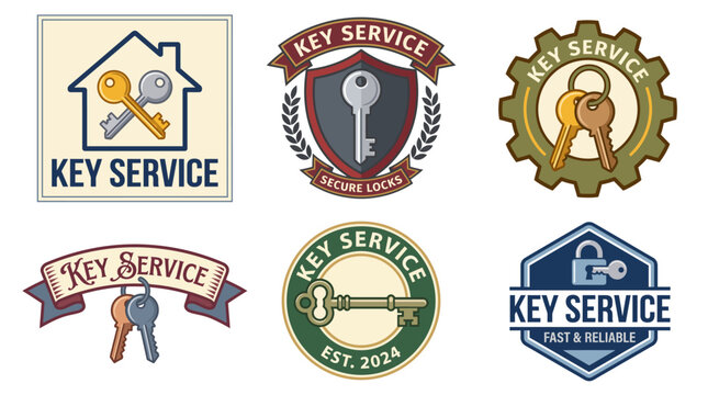 A stylish assortment of logos representing 'Key Service', ideal for locksmith businesses, highlighting security, reliability, and service excellence in the industry.