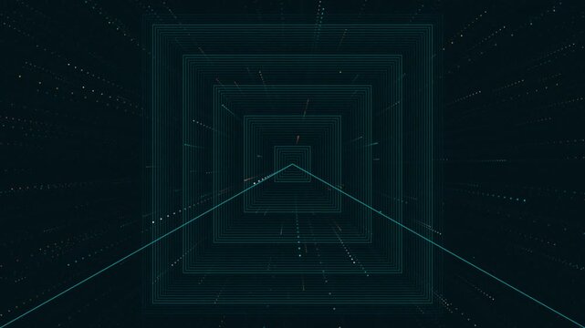 Fast Moving Digital Tunnel with Glowing Blue Rectangular Frames and Particles on Dark Background