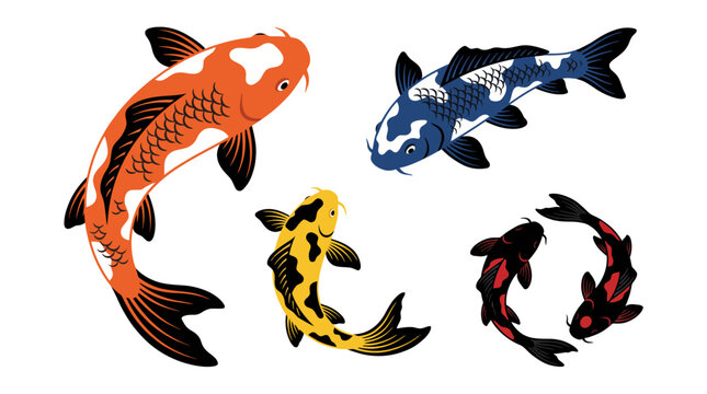 A vibrant selection of colorful Koi fish illustrations, beautifully depicting the grace and elegance of these aquatic creatures often associated with serenity and good fortune.