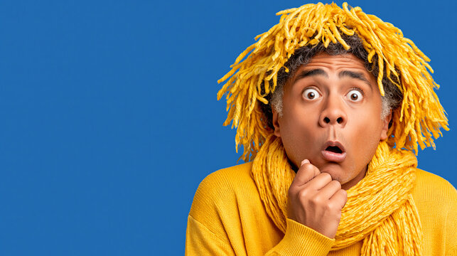 Surprised man wearing a yellow wig and sweater looking at camera against blue
