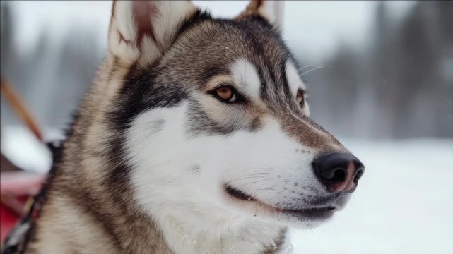 A close-up of a husky dog in a snowy landscape, looking into the distance with a focused expression.
