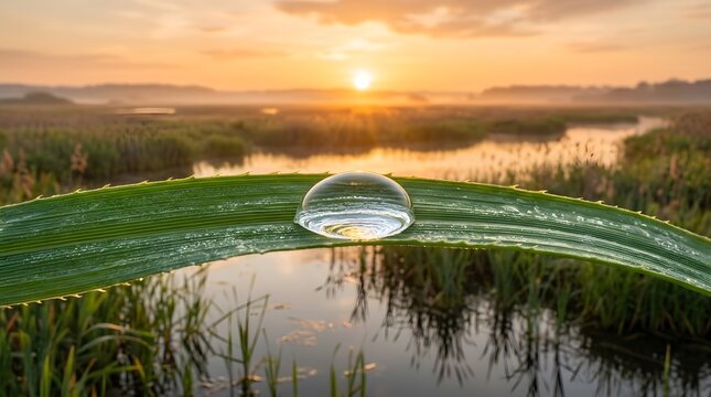 Dew drop on a green leaf at sunrise