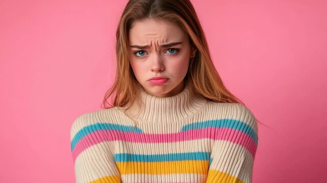 A young female with long blonde hair and a striped sweater, showing a look of displeasure.