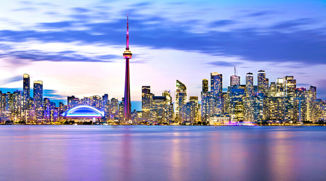 Toronto waterfront skyline at night