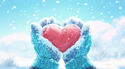 Obraz premium Hands in Blue Knitted Mittens Holding a Red Heart Shape in Winter Snow