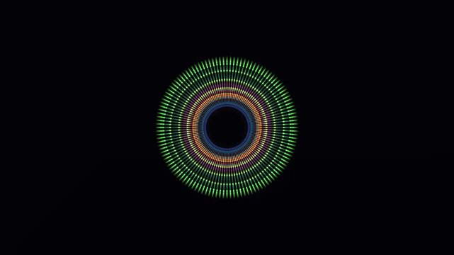 Vibrant Neon Circular Geometric Pattern Expanding With Pulsing Light Rays On A Dark Black Background